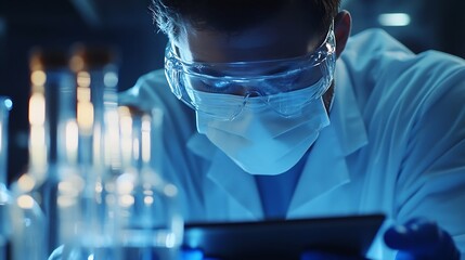 Poster - People mask or scientists on tablet for liquid results life extension or antiaging medicine in laboratory Teamwork vial or biologists with chemistry research test tube or science info  : Generative AI