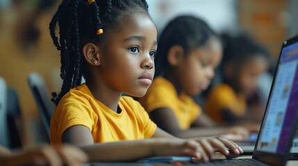 Group of TechSavvy Primary School Children Working on Their Laptop and Tablet Computers in Class Young Female Teacher Educating Kids on Internet Safety Basic Programming Languages and  : Generative AI