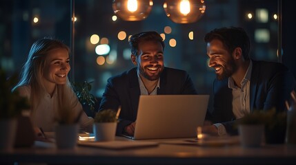 Leinwandbilder - Happy business people and laptop with team at night in meeting for creative planning design or deadline at office Group of employees working late with smile on computer for startup at  : Generative AI