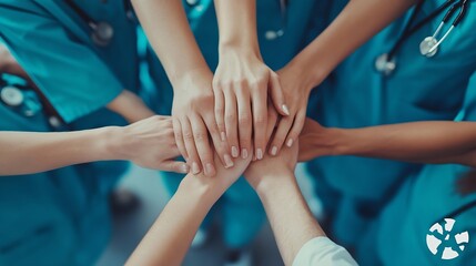 Poster - Top view teamwork or hands of doctors in stack with mission in collaboration for healthcare support Hospital clinic people or group of medical nurses with solidarity motivation or comm : Generative AI