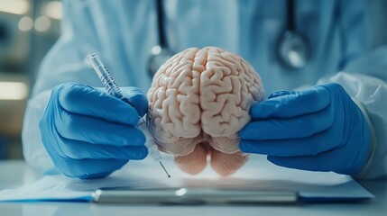 Fototapete - Doctor surgeon and neurologist checking brain testing result and medical diagnosis and examine patient brain with Science and technology Digital medical healthcare : Generative AI