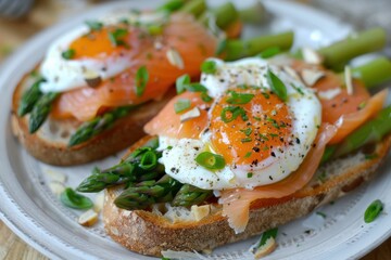 Wall Mural - Salmon and asparagus eggs Benedict on toast