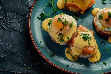 Wall Mural - Salmon Eggs Benedict on blue plate healthy and delicious breakfast Top tier image