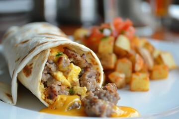 Wall Mural - Sausage eggs potatoes and cheese in a burrito