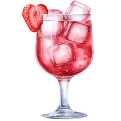 Strawberry soda summer drink with ice in a wine glass watercolor illustration clipart isolated on transparent background