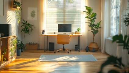 Home office with wooden desk and plants.