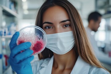 Female scientist holding a Petri dish with microbial cultures illustrating advancements in microbiology biotechnology and the study of infectious diseases in modern research laboratories