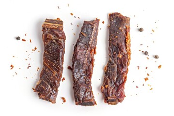 Canvas Print - Three duck jerky slices on white background viewed from above