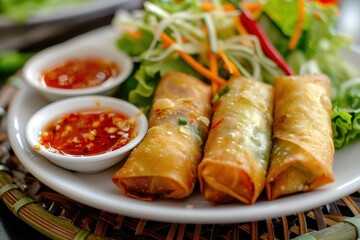 Canvas Print - Three spring rolls with salad and red chilli sauce