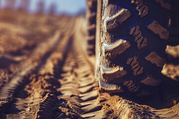 Wall Mural - Tire marks in retro grunge tone on dirt or mud off road drive