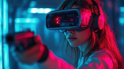 Woman in Virtual Reality Headset Playing a Game