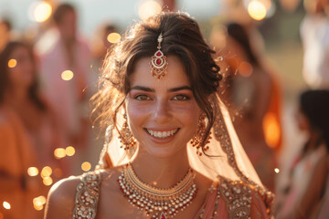 Young Woman In Traditional Indian Attire With Jewelry And Festive Background