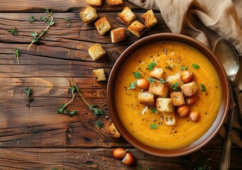 Canvas Print - Top down view of chestnut soup on wooden table with herbs and croutons Space for text