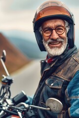 Canvas Print - Portrait of a happy senior man in a motorcycle helmet and glasses. AI.