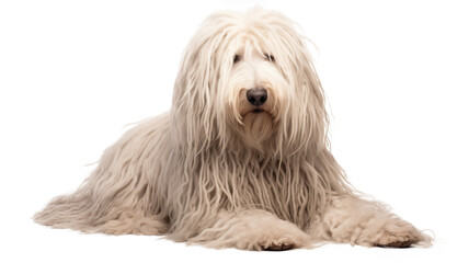 Komondor dog lying down, its unique coat spread out like a shaggy carpet, isolated on a transparent background