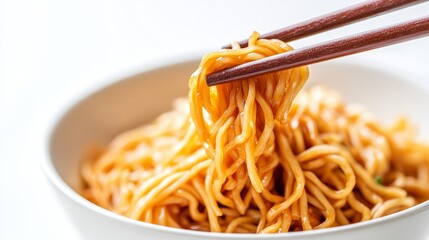 A bowl of noodles being picked up with chopsticks, showcasing a glossy, savory sauce coating the strands, emphasizing a delicious and tempting dish