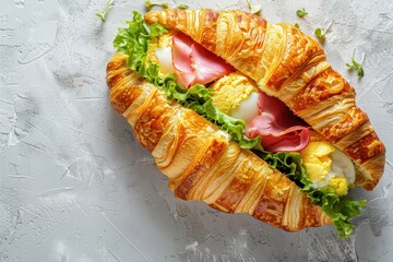 Canvas Print - Top view of croissant sandwich with turkey ham scrambled eggs cheese and lettuce on gray background