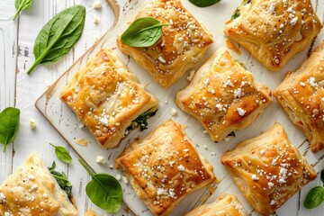 Sticker - Top view of feta spinach puff pastry on white table