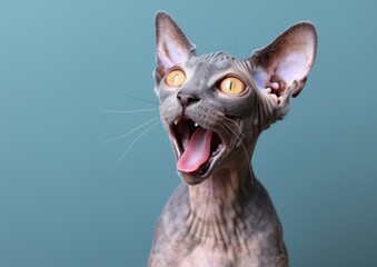 Sticker - A hairless cat with big yellow eyes and a pink tongue sticking out. AI.