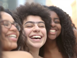 Poster - Three friends laughing together. AI.