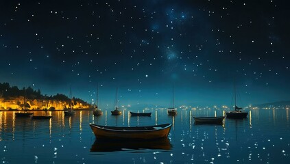 Wall Mural - Boats anchored in calm water under a starry night.