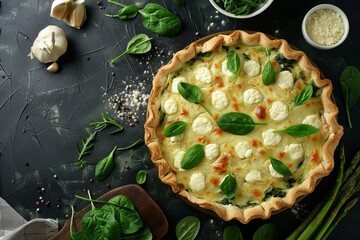 Top view of potato pie topped with asparagus spinach and mozzarella cheese on a dark background