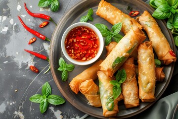 Sticker - Top view of Vietnamese fried spring rolls with dipping sauce