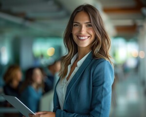 Sticker - A woman in a blue blazer smiles confidently while holding a tablet. AI.