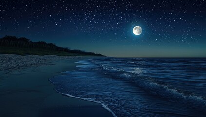 Wall Mural - Starry night, moonlit beach, gentle waves.