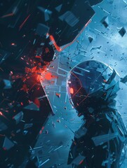 Leinwandbilder - A hacker breaks through a digital shield, scattering fragments while navigating a high-tech cyberspace environment. Generative AI