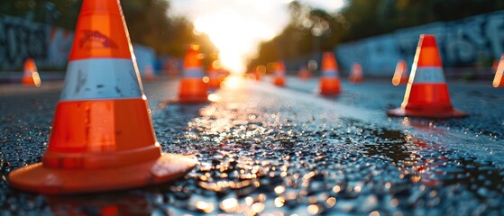 safety cones blurred road construction background road maintenance concept road repair