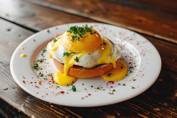 Sticker - Traditional Eggs Benedict served on white plate with wooden backdrop