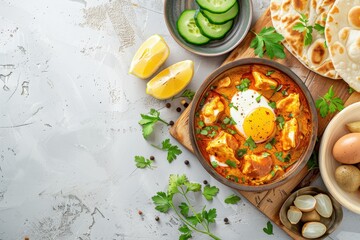 Poster - Traditional Indian lunch Homemade Egg Curry Roti Lemon wedges cucumber slices Perfect meal with copy space