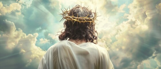 Jesus in white clothes and with a golden crown of thorns on his head on a heaven background, back view