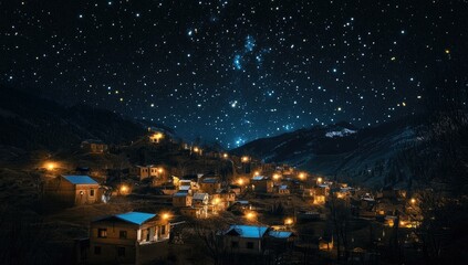 Wall Mural - Starry night over a village nestled in mountains.