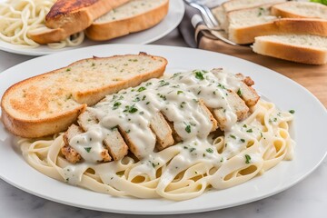 Canvas Print - Juicy grilled chicken topped with a creamy garlic alfredo sauce served, Ai Generated