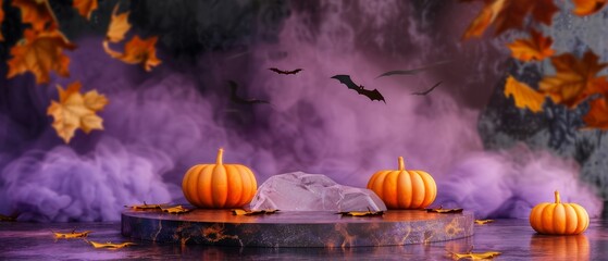 Podium halloween product background pumpkin 3D autumn platform smoke stage. Halloween podium orange product ice banner dark black fall floor night purple table display sale texture wall fog happy bat