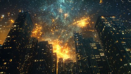 Wall Mural - City skyscrapers under a starry night sky.