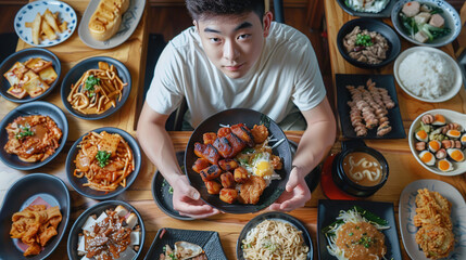 Wall Mural - Man Holding a Plate of Food with a Table Full of Dishes