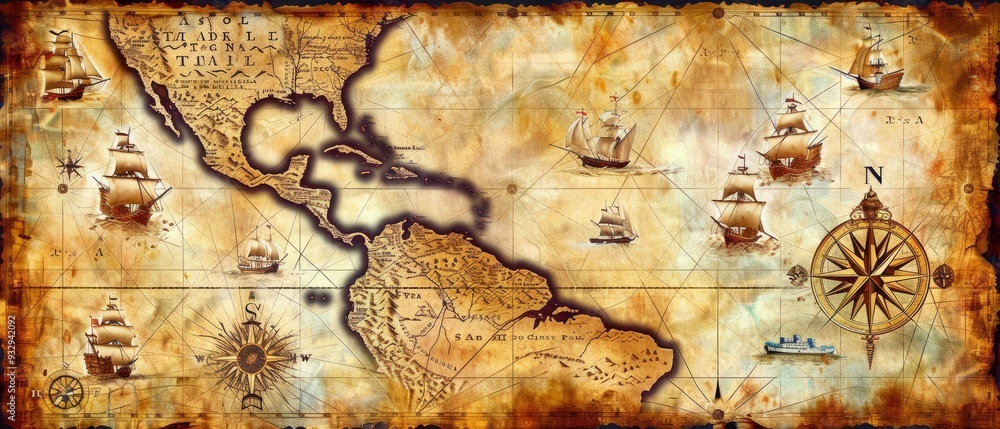 Vintage map of the Caribbean Sea on worn parchment, featuring ships ...
