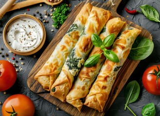 Sticker - Turkish Cigara Börek with spinach feta and yogurt dip Finger food like spring rolls Top view