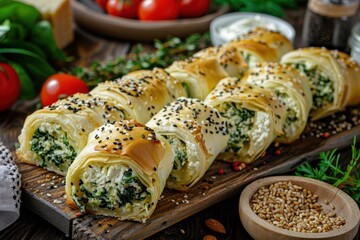 Canvas Print - Turkish pastry with phyllo dough sesame seeds spinach and cheese Name spanakli Borek