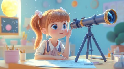 Happy school girl looking through telescope in astronomy class at school, 3d cartoon character