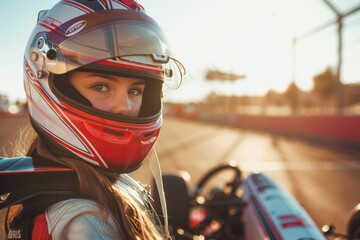 Young girl racer taking picture near karting car in track with helmet on sunny day