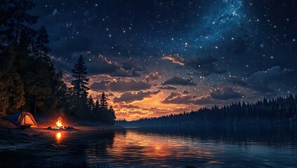 Wall Mural - Night sky, starry, lake, campfire, tent, trees.