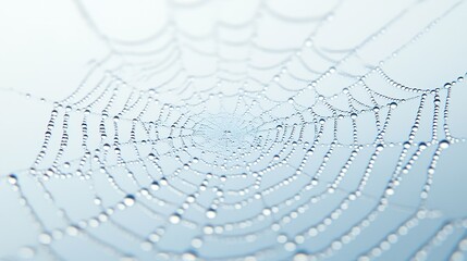 spiders web with dew drops on it on a pale blue background