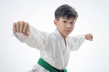 Wall Mural - Young martial artist in Taekwondo uniform with green belt practicing side kick Thai Asian school boy in portrait isolated on white backgroun