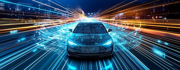 Wall Mural - top view of an ai-powered self-driving car navigating through a busy digital highway, surrounded by 