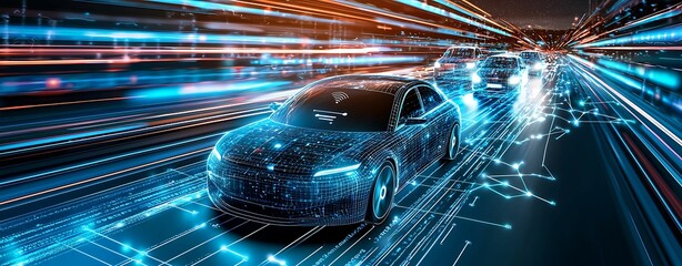 Wall Mural - top view of an ai-powered self-driving car navigating through a busy digital highway, surrounded by 