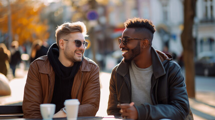 Two friends, filled with joy, are laughing and savoring coffee together in a charming, picturesque autumn park setting that is surrounded by colorful falling leaves, creating a delightful atmosphere